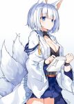 1girl animal_ears azur_lane bangs blue_background blue_skirt breasts cleavage closed_mouth cowboy_shot eyebrows_visible_through_hair fox_ears fox_girl fox_tail gradient gradient_background holding holding_paper japanese_clothes kaga_(azur_lane) kimono kitsune long_sleeves looking_away medium_breasts multiple_tails myuton open_clothes open_kimono paper short_hair silver_hair skirt solo tail tail_raised white_background white_kimono wide_sleeves 