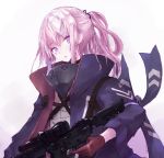  1girl bangs blue_jacket buran_(kure) commentary_request eyebrows_visible_through_hair finger_on_trigger girls_frontline gloves gun hair_between_eyes hair_ornament head_tilt high_collar highres holding holding_gun holding_weapon jacket long_hair looking_at_viewer object_namesake open_clothes open_jacket parted_lips pink_hair ponytail red_gloves shirt sidelocks simple_background solo st_ar-15_(girls_frontline) upper_body violet_eyes weapon weapon_request white_background white_shirt 