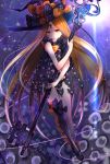  1girl abigail_williams_(fate/grand_order) asymmetrical_legwear bangs black_panties blonde_hair bow bug butterfly facial_mark fate/grand_order fate_(series) floating_hair full_body getsuyoubi hat hat_bow highres holding_key insect long_hair looking_at_viewer orange_bow panties parted_bangs parted_lips purple_bow purple_hat purple_legwear red_eyes revealing_clothes shiny shiny_hair solo sparkle striped striped_legwear stuffed_animal stuffed_toy teddy_bear thigh-highs underwear vertical-striped_legwear vertical_stripes very_long_hair witch_hat 