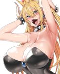  1girl :d absurdres armpits arms_behind_head blonde_hair blush bowsette bracelet breasts cleavage crown earrings hair_between_eyes highres horns jewelry large_breasts long_hair looking_at_viewer super_mario_bros. nintendo open_mouth sharp_teeth simple_background sleeveless smh1069 smile solo spiked_bracelet spikes super_mario_bros. teeth tongue very_long_hair white_background 