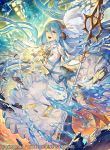  1girl anklet aqua_(fire_emblem_if) barefoot blue_hair blue_ribbon breasts debris dress elbow_gloves energy fingerless_gloves fire_emblem fire_emblem_cipher fire_emblem_if gloves holding holding_spear holding_weapon jewelry lantern long_hair looking_at_viewer medium_breasts music nintendo official_art parted_lips pendant polearm ribbon ruins singing single_legging smile solo spear strapless strapless_dress thighlet umiu_geso veil very_long_hair water weapon white_dress yellow_eyes 