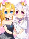  2girls bangs bare_shoulders black_dress blonde_hair blue_eyes blush bowsette bracelet closed_mouth collar collarbone commentary_request crown detached_collar dress elbow_gloves eyebrows_visible_through_hair fang fang_out frilled_gloves frills gloves gradient gradient_background hair_between_eyes heart highres horns jewelry long_hair luigi&#039;s_mansion super_mario_bros. mini_crown multiple_girls neck_ribbon new_super_mario_bros._u_deluxe nintendo omelet_tomato open_mouth pink_background pointy_ears ponytail princess_king_boo puffy_short_sleeves puffy_sleeves purple_ribbon ribbon short_sleeves silver_hair spiked_bracelet spiked_collar spikes strapless strapless_dress super_crown tears tilted_headwear very_long_hair violet_eyes white_background white_collar white_dress white_gloves younger 