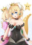  2girls armlet bare_shoulders black_dress blonde_hair blue_eyes bowsette bracelet breast_grab breasts collar covered_navel crown dress earrings elbow_gloves fang gem gloves grabbing hair_between_eyes hand_on_another&#039;s_hip highres horns jewelry large_breasts looking_at_viewer super_mario_bros. mihoazuazu.1996 multiple_girls naughty_face new_super_mario_bros._u_deluxe nintendo open_mouth pink_dress pointy_ears ponytail princess_peach puffy_short_sleeves puffy_sleeves short_sleeves spiked_bracelet spiked_collar spiked_tail spikes starman_(mario) strapless strapless_dress super_crown super_mario_bros. tail turtle_shell white_gloves yuri 