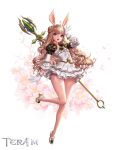  1girl absurdres ahoge animal_ears arm_up blonde_hair blue_eyes braid copyright_name dospi dress elin_(tera) flower full_body gloves hair_bun highres leg_up legs lips long_hair official_art open_mouth rabbit_ears shoes short_dress smile solo staff tera_online thighs weapon white_dress white_gloves 