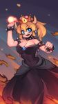  1girl armlet artist_request bare_shoulders black_dress blonde_hair blue_eyes blush bowsette bracelet breasts collar covered_navel crown dress earrings eyebrows_visible_through_hair fire fireball highres horns jewelry large_breasts long_hair super_mario_bros. new_super_mario_bros._u_deluxe nintendo open_mouth pointy_ears ponytail sharp_teeth smile solo spiked_armlet spiked_bracelet spiked_collar spiked_shell spikes strapless strapless_dress super_crown teeth throwing transformation turtle_shell 