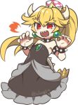  1girl armlet armpits artist_name bare_shoulders black_dress blonde_hair blush bowsette bracelet breasts breathing_fire claw_pose collar crown dress earrings fire flat_chest frilled_dress frills genderswap genderswap_(mtf) horns jewelry super_mario_bros. negi_(ulog&#039;be) new_super_mario_bros._u_deluxe nintendo open_mouth ponytail red_eyes sharp_teeth solo spiked_bracelet spiked_collar spiked_shell spiked_tail spikes strapless strapless_dress super_crown tail teeth thick_eyebrows turtle_shell twitter_username upper_body 