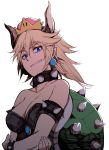  1girl absurdres bare_shoulders black_dress blonde_hair blue_eyes bowsette bracelet breasts cleavage collar collarbone dress earrings eyebrows_visible_through_hair helping-hand highres horns jewelry super_mario_bros. new_super_mario_bros._u_deluxe nintendo pointy_ears ponytail shell simple_background smirk solo spiked_armlet spiked_bracelet spiked_collar spikes strapless strapless_dress super_crown thick_eyebrows upper_body white_background 