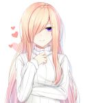  1girl absurdres blonde_hair eternity_(pixiv8012826) eyebrows_visible_through_hair hair_over_one_eye heart highres long_hair looking_at_viewer original ribbed_sweater shadow simple_background smile solo sweater upper_body very_long_hair violet_eyes white_background white_sweater 