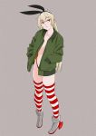  1girl black_panties blonde_hair brown_eyes flat_chest full_body green_jacket grey_background hairband hands_in_pockets highleg highleg_panties jacket kantai_collection long_hair looking_to_the_side no_bra ojipon open_clothes open_jacket panties parted_lips rudder_shoes shimakaze_(kantai_collection) simple_background solo standing striped striped_legwear thigh-highs underwear 