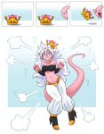  1girl :t ? ambris_art android_21 bare_shoulders black_nails blue_eyes choker dragon_ball dragon_ball_fighterz earrings full_body highres hoop_earrings jewelry kirby kirby_(series) long_hair majin_android_21 nail_polish navel nintendo pink_skin pointy_ears strapless super_crown tail tubetop white_hair yellow_choker 