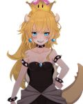  1girl armlet backlighting bangs bare_shoulders black_dress blonde_hair blue_eyes blush bowsette bracelet breasts collar collarbone crown dress earrings evil_grin evil_smile eyebrows_visible_through_hair grin hair_between_eyes hand_on_hip highres jewelry kiyomin long_hair super_mario_bros. medium_breasts mini_crown new_super_mario_bros._u_deluxe nintendo pointy_ears sharp_teeth simple_background smile solo spiked_armlet spiked_bracelet spiked_collar spiked_tail spikes strapless strapless_dress super_crown tail teeth v-shaped_eyebrows very_long_hair white_background 