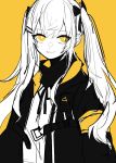  1girl :3 armband black_ribbon closed_mouth from_side fusego girls_frontline hair_ornament hair_ribbon hairclip highres jacket limited_palette long_hair long_sleeves looking_at_viewer neck_ribbon open_clothes open_jacket orange_background orange_eyes ribbon scar scar_across_eye simple_background sketch smile solo twintails ump9_(girls_frontline) 