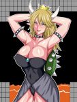  1girl bare_shoulders blonde_hair blue_eyes bowsette bracelet breasts cleavage collar collarbone commentary_request crown dress earrings hair_between_eyes horns jewelry large_breasts long_hair looking_at_viewer super_mario_bros. new_super_mario_bros._u_deluxe nintendo open_mouth ponytail r0l48 sharp_teeth simple_background spiked_bracelet spiked_collar spiked_shell spikes super_crown super_mario_bros. teeth turtle_shell 