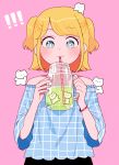  !! 1girl bangs bare_shoulders bear blonde_hair blue_eyes blush bracelet cup drink drinking drinking_straw eyebrows_visible_through_hair highres holding holding_cup in_mouth jewelry liquid looking_down mug nokanok original patterned_clothing pink_background short_hair short_sleeves simple_background solo strapless upper_body wide_sleeves 