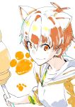  animal_ears cat_ears commentary_request fate/grand_order fate/stay_night fate_(series) fujimura_taiga hair_between_eyes holding holding_staff hood hood_down hoodie jaguarman_(fate/grand_order) long_sleeves looking_at_viewer orange_hair paw_print red_eyes short_hair sketch sleeves_rolled_up smile solo staff torichamaru 