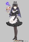  1girl bangs bell black_bow black_dress black_footwear black_hair black_legwear blue_fire blunt_bangs bomb bow copyright_name dress fire full_body grey_background hair_bow holding holding_tray lit_fuse long_hair long_sleeves looking_at_viewer maid official_art pantyhose pota_(bluegutty) puffy_long_sleeves puffy_sleeves reki_connect smile standing tray watermark 