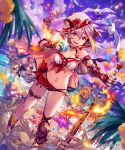  1boy 1girl 3girls animal bare_shoulders baseball baseball_bat baseball_cap beach bikini bird blurry blurry_foreground boots bracer braid breasts cape character_request cleavage clouds cloudy_sky depth_of_field dutch_angle fire gauntlets grey_hair hair_between_eyes hand_up hat hermit_crab highres holding large_breasts lee_hyeseung long_hair looking_at_viewer multiple_girls navel ocean official_art outdoors oversized_animal purple_sky red_eyes sand seagull shingeki_no_bahamut side-tie_bikini sideways_hat single_braid sky solo_focus standing summer swimsuit very_long_hair watermark white_bikini white_hat 