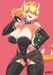  1girl armlet bangs bare_shoulders between_breasts black_legwear black_leotard black_nails blue_eyes blush bowsette bracelet breasts collarbone commentary_request covered_navel cowboy_shot crown earrings fingernails gem gluteal_fold groin hair_between_eyes hand_on_hip hand_up high_ponytail highleg highleg_leotard highres hip_bones hips horns huge_breasts jewelry legs_apart leotard lizard_tail long_fingernails looking_at_viewer super_mario_bros. mayoi89g medium_hair nail_polish new_super_mario_bros._u_deluxe nintendo open_mouth pink_background pointy_ears ponytail sapphire_(stone) sharp_teeth short_pointy_ears sideboob signature simple_background smile spiked_armlet spiked_bracelet spiked_shell spikes standing strapless strapless_leotard super_crown tail teeth thick_thighs thigh-highs thighs turtle_shell v-shaped_eyebrows wide_hips 