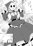  1girl belt bow bowtie comic damii0807 dress frilled_dress frills greyscale hair_ornament hands_up highres holding holding_mask hooded_dress humanization long_hair long_sleeves low_twintails super_mario_bros. mask monochrome new_super_mario_bros._u_deluxe nintendo shy_gal shy_guy sparkle super_crown transformation twintails 