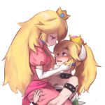  2girls blonde_hair blue_eyes blush bowsette bracelet breasts cleavage collar crown dress fang highres horns hoshi_taiji jewelry long_hair super_mario_bros. multiple_girls new_super_mario_bros._u_deluxe nintendo person_carrying pink_dress ponytail princess_peach spiked_armlet spiked_bracelet spiked_collar spiked_shell spikes super_crown super_mario_bros. yuri 