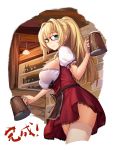  1girl absurdres alternate_costume apron beer_mug blonde_hair braid breasts cup dirndl emden_(zhan_jian_shao_nyu) french_braid german_clothes glasses green_eyes highres holding holding_cup indoors large_breasts long_hair looking_at_viewer onceskylark ponytail puffy_short_sleeves puffy_sleeves short_sleeves smile solo thigh-highs underbust waist_apron waitress white_legwear zhan_jian_shao_nyu 