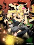  1boy 1girl ?_block abs absurdres aqua_eyes arms_up bangs bare_shoulders black_dress black_legwear blonde_hair blush borrowed_character bowser bowsette bracelet breasts brick brooch claws cleavage collar colored_eyelashes commentary_request debris dress energy eyebrows_visible_through_hair fire genderswap genderswap_(mtf) glowing glowing_eyes hair_between_eyes hand_on_headwear highres holding holding_hammer horns jaws jewelry light_particles long_eyebrows long_ponytail looking_at_viewer super_mario_bros. medium_breasts mineta_naoki mohawk new_super_mario_bros._u_deluxe nintendo red_sky redhead sharp_teeth shiny shiny_skin short_hair sky smile spiked_bracelet spiked_collar spiked_shell spiked_tail spikes strapless strapless_dress super_crown teeth thick_eyebrows toned twitter_username 