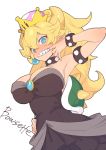  1girl armlet bare_shoulders black_dress blonde_hair blue_eyes bowser bowsette bracelet breasts cleavage collar crown dress genderswap genderswap_(mtf) highres horns jewelry large_breasts looking_at_viewer super_mario_bros. new_super_mario_bros._u_deluxe nintendo princess_peach sharp_teeth shell simple_background spiked_bracelet spiked_collar spikes sumaki_shungo super_crown super_mario_bros. teeth 