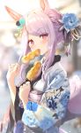  1girl absurdres animal_ears dango eating floral_print food highres holding holding_food horse_ears horse_girl japanese_clothes kimono long_hair long_sleeves looking_at_viewer mejiro_mcqueen_(umamusume) mitarashi_dango obi print_kimono purple_hair sash sky_cappuccino solo umamusume violet_eyes wagashi white_kimono wide_sleeves 