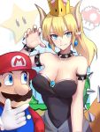  1girl armlet bare_shoulders black_dress black_nails blonde_hair blue_eyes bowsette bracelet breasts cleavage closed_mouth collar crown dress earrings eyebrows_visible_through_hair facial_hair fang gloves hair_between_eyes hat highres horns jewelry large_breasts looking_at_viewer mario super_mario_bros. mushroom mustache nail_polish new_super_mario_bros._u_deluxe nintendo overalls plumber pointy_ears ponytail red_hat sharp_teeth shiguru spiked_bracelet spiked_collar spiked_shell spiked_tail spikes star strapless strapless_dress super_crown super_mario_bros. super_mushroom tail teeth turtle_shell white_gloves 