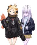  2girls abigail_williams_(fate/grand_order) alternate_costume bangs black_bow black_jacket blonde_hair blue_eyes bow brown_shorts commentary_request cowboy_shot fate/grand_order fate_(series) hair_bow hair_bun head_tilt heroic_spirit_traveling_outfit horn jacket key lavinia_whateley_(fate/grand_order) long_hair long_sleeves looking_at_viewer multiple_girls object_hug open_clothes open_jacket open_mouth orange_bow parted_bangs parted_lips polka_dot polka_dot_bow red_eyes seisei_tamago shirt short_shorts shorts silver_hair simple_background sleeves_past_fingers sleeves_past_wrists standing star stuffed_animal stuffed_toy teddy_bear white_background white_shirt wide-eyed 