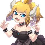  1girl :d black_dress blonde_hair blue_eyes bowsette bowsette_(cosplay) breasts cleavage cosplay crown domino_mask dress highres horns inkling looking_at_viewer super_mario_bros. mask medium_breasts new_super_mario_bros._u_deluxe nintendo open_mouth pointy_ears sharp_teeth simple_background sleeveless sleeveless_dress smile solo splatoon strapless strapless_dress takeko_spla teeth tentacle_hair upper_body white_background 