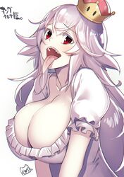  1girl artist_name blush breasts cleavage collarbone commentary_request dress eyebrows_visible_through_hair frilled_dress frilled_sleeves frills hair_between_eyes highres large_breasts long_hair long_tongue looking_at_viewer luigi&#039;s_mansion super_mario_bros. new_super_mario_bros._u_deluxe nintendo open_mouth princess_king_boo puffy_short_sleeves puffy_sleeves red_eyes revision sharp_teeth short_sleeves simple_background solo super_crown teeth tilted_headwear tongue tongue_out upper_body very_long_hair white_background white_dress white_hair yamacchi 