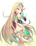  1girl armor bangs bare_shoulders blonde_hair blush breasts cleavage dress gloves jewelry large_breasts long_hair mythra_(xenoblade) nintendo qixi_cui_xing simple_background smile solo swept_bangs tiara white_background xenoblade_(series) xenoblade_2 yellow_eyes 