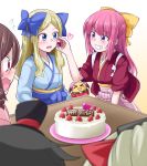 5girls asakaze_(kantai_collection) bangs birthday_cake blonde_hair blue_bow blue_eyes blue_hakama blue_kimono bow brown_hair cake commentary_request cowboy_shot drill_hair food forehead fruit gradient gradient_background grin hakama happy_birthday harukaze_(kantai_collection) hat hatakaze_(kantai_collection) ichimi japanese_clothes kamikaze_(kantai_collection) kantai_collection kimono kotatsu kunashiri_(kantai_collection) long_hair matsukaze_(kantai_collection) meiji_schoolgirl_uniform mini_hat mini_top_hat multiple_girls parted_bangs pink_hair pink_hakama red_eyes red_kimono sidelocks smile strawberry table tasuki top_hat violet_eyes wavy_hair white_background yellow_bow 