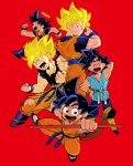  5boys :d ^_^ age_progression annoyed arm_up bitz777 black_eyes black_hair blonde_hair blue_eyes boots clenched_hand clenched_hands closed_eyes closed_eyes dirty dirty_clothes dougi dragon_ball dragon_ball_(classic) dragonball_z fingernails full_body halo hand_on_hip happy jumping looking_away looking_back male_focus multiple_boys multiple_persona nyoibo open_mouth profile red_background running shaded_face short_hair simple_background smile son_gokuu spiky_hair standing super_saiyan sweatdrop tail teeth torn_clothes wristband 