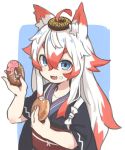  &gt;:d 1girl :d ahoge animal_ears bite_mark blue_eyes chocolate_icing commentary_request doughnut eating fang food food_on_face food_on_head fox_ears japanese_clothes kimono long_hair multicolored_hair obi object_on_head open_mouth original redhead sash smile two-tone_hair white_hair zizi_niisan 