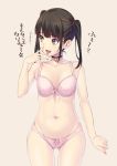  1girl :d bangs black_hair blue_eyes bra breasts choker cleavage ese_shinshi eyebrows_visible_through_hair hair_between_eyes nail_polish navel open_mouth original panties pink_background pink_bra pink_nails pink_panties simple_background small_breasts smile solo translation_request twintails underwear underwear_only 