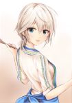  1girl :d anastasia_(idolmaster) apron blue_apron blue_eyes eyebrows_visible_through_hair from_side hair_between_eyes hair_ornament holding idolmaster idolmaster_cinderella_girls looking_at_viewer looking_back nannacy7 open_mouth shirt short_hair short_ponytail silver_hair smile solo standing upper_body white_shirt 
