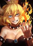  1girl bare_shoulders blonde_hair blue_eyes bowsette bracelet breasts cleavage collar crown dress earrings fire highres horns jewelry large_breasts long_hair looking_at_viewer super_mario_bros. nintendo ponytail sharp_teeth smile solo spiked_bracelet spiked_collar spikes super_crown teeth 