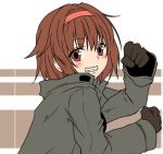  1girl black_gloves blush brown_eyes brown_hair clenched_hands commentary_request eyebrows_visible_through_hair gloves grey_jacket hair_between_eyes hairband jacket kantai_collection looking_at_viewer open_mouth shiratsuyu_(kantai_collection) short_hair simple_background solo yua_(checkmate) 