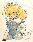  +++ 1girl :d bare_shoulders black_collar blonde_hair blue_eyes blush bowsette bracelet breasts brooch cleavage collar earrings eyebrows_visible_through_hair horns jewelry long_hair looking_at_viewer super_mario_bros. medium_breasts new_super_mario_bros._u_deluxe nintendo open_mouth pointy_ears smile solo spiked_bracelet spiked_collar spikes strapless super_mario_bros. tail thick_eyebrows traditional_media tsukihi_(tsukihin) turtle_shell 
