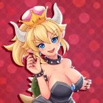  1girl armlet bare_shoulders black_dress black_nails blonde_hair blue_eyes bowsette bracelet breasts cleavage collar crown dress earrings hair_between_eyes horns jewelry large_breasts long_hair super_mario_bros. nail_polish nalintant new_super_mario_bros._u_deluxe nintendo polka_dot polka_dot_background ponytail spiked_armlet spiked_bracelet spiked_collar spiked_shell spikes super_crown super_mario_bros. turtle_shell 