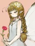  1girl antennae blonde_hair blue_eyes blush braid butterfly_wings closed_mouth commentary_request dress ebimomo flower holding holding_flower orange_background original pointy_ears red_flower simple_background sketch sleeveless sleeveless_dress solo twin_braids upper_body white_dress wings 