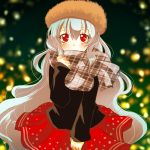  1girl 8i83ash alternate_costume bangs black_sweater blurry blurry_background blush brown_hat commentary_request depth_of_field double_horizontal_stripe eyebrows_visible_through_hair fur_hat grey_scarf hand_up hat iron_maiden_jeanne long_hair long_sleeves looking_at_viewer plaid plaid_scarf red_eyes red_skirt scarf shaman_king sidelocks silver_hair skirt smile solo standing sweater very_long_hair 