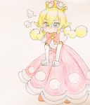  &gt;:t 1girl :t blonde_hair blue_eyes blush bow braid cheek_bulge clenched_hands colored_pencil_(medium) dress frown gloves hair_between_eyes super_mario_bros. new_super_mario_bros._u_deluxe nintendo peachette pout scan server simple_background solo super_crown traditional_media twin_braids white_gloves 