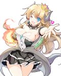  1girl absurdres armlet bare_shoulders black_dress blonde_hair blue_eyes bowsette bracelet breasts cleavage collar commentary_request crown dress earrings fire frilled_dress frills hair_between_eyes highres horns jewelry large_breasts long_hair super_mario_bros. misakura_nankotsu nintendo ponytail sharp_teeth solo spiked_armlet spiked_bracelet spiked_collar spiked_shell spikes strapless strapless_dress super_crown super_mario_bros. teeth turtle_shell white_background 