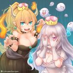  2girls artist_name bangs black_dress blonde_hair blue_background blue_earrings blue_eyes blue_fire blush boo bowsette bracelet breasts brooch cleavage collar crown dress earrings embarrassed eyebrows_visible_through_hair fangs fire gloves h2o_(hidrogen2oxygen) hair_between_eyes horns jewelry large_breasts long_hair looking_at_viewer luigi&#039;s_mansion super_mario_bros. multiple_girls new_super_mario_bros._u_deluxe nintendo open_mouth pink_eyes pointy_ears ponytail princess_king_boo puffy_sleeves red_fire short_sleeves spiked_armlet spiked_bracelet spiked_collar spikes super_crown super_mario_bros. tail teeth white_dress white_hair 