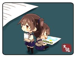  2girls artist_name back-to-back black_legwear blue_hakama book brown_hair chibi dual_persona full_body hakama hakama_skirt japanese_clothes kaga_(kantai_collection) kantai_collection long_hair multiple_girls open_mouth paper side_ponytail sitting smile standing taisa_(kari) tasuki thigh-highs yellow_eyes 