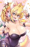 1girl bare_shoulders black_nails blonde_hair blue_eyes blush bowsette bracelet breasts cleavage collar crown dress fangs genderswap genderswap_(mtf) highres horns jewelry kamiya_zuzu large_breasts long_hair looking_at_viewer super_mario_bros. nail_polish new_super_mario_bros._u_deluxe nintendo open_mouth ponytail shell solo spiked_bracelet spiked_collar spikes super_crown super_mario_bros. tail 