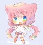  1girl :d animal_ear_fluff animal_ears bangs bike_shorts black_shorts blue_eyes blush cat_ears chibi eyebrows_visible_through_hair full_body green_eyes hair_between_eyes hair_bobbles hair_ornament hinata_channel kouu_hiyoyo long_hair low_twintails mismatched_legwear multicolored multicolored_eyes nekomiya_hinata open_mouth orange_legwear pink_hair purple_background short_shorts shorts smile solo standing striped striped_legwear tank_top thigh-highs twintails twitter_username very_long_hair virtual_youtuber white_tank_top 